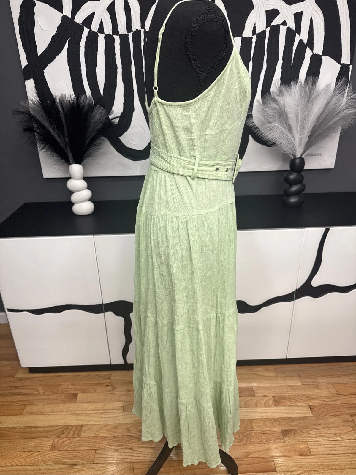 ASOS DESIGN Green Linen Blend Midi Dress Women's US 6 Belted Sundress Boho