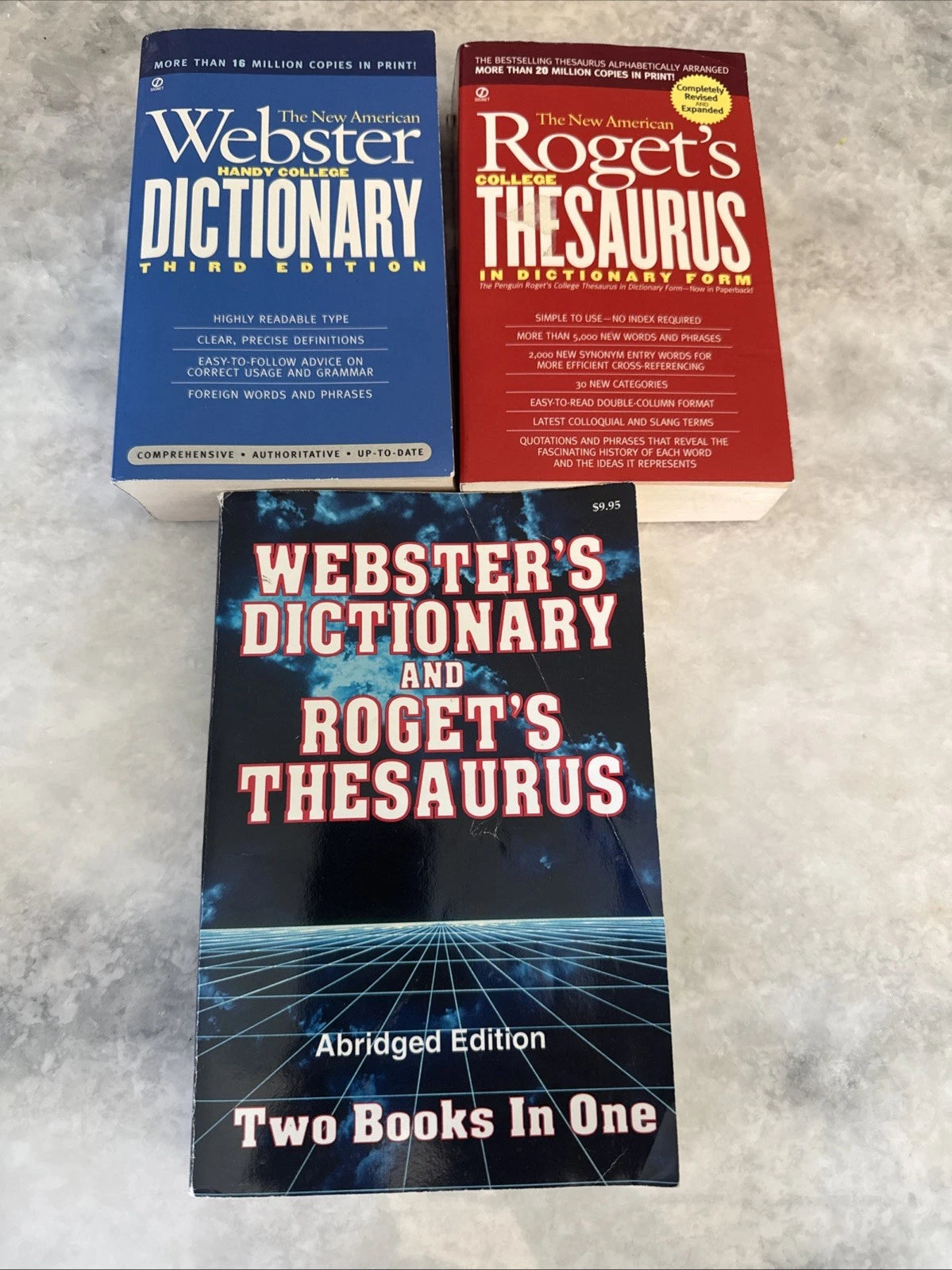Webster Dictionary Roget’s Thesaurus Reference Book Set 3 College Editions