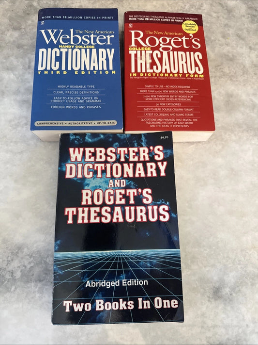 Webster Dictionary Roget’s Thesaurus Reference Book Set 3 College Editions