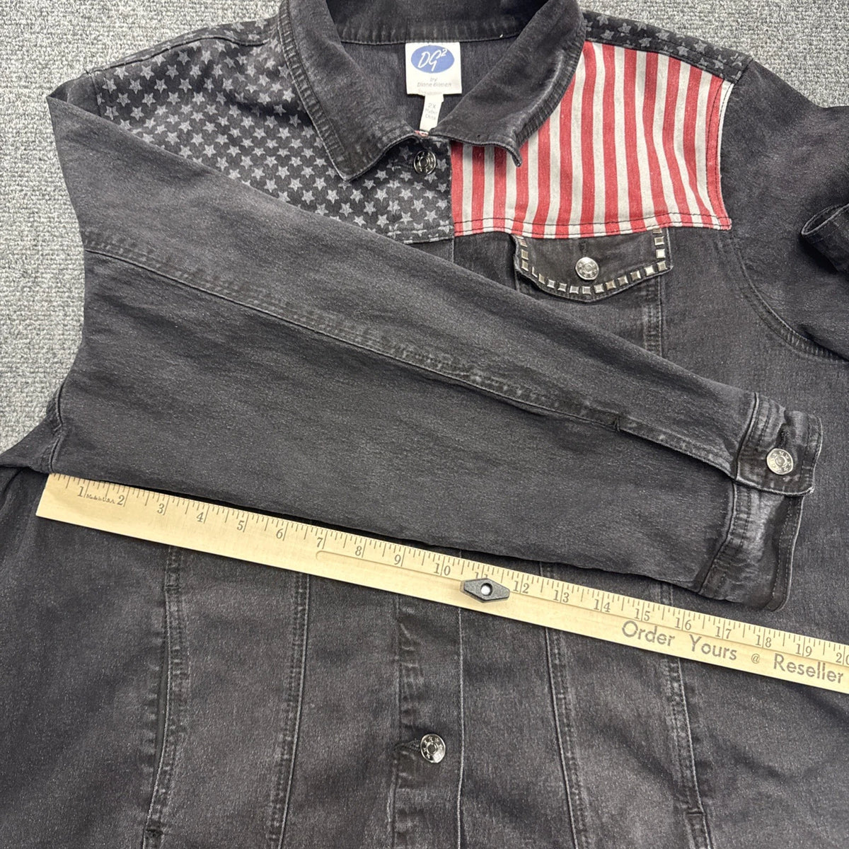 DG2 Diane Gilman Womens 2X American Flag Denim Jacket Black Studded Patriotic
