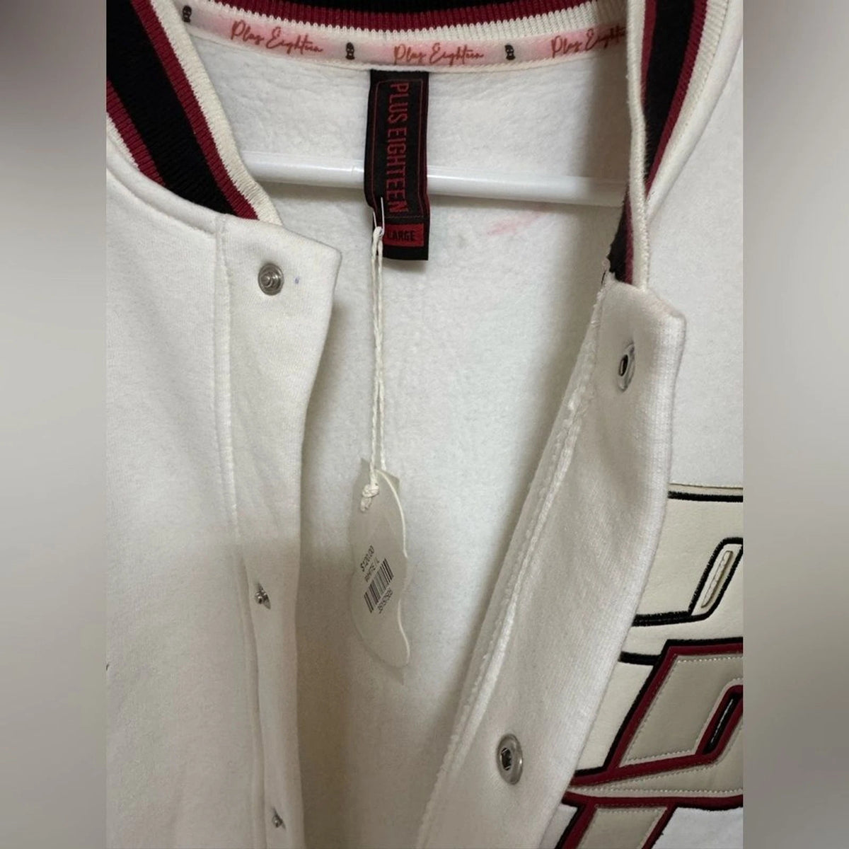 Plus Eighteen Varsity Jacket Men's Large White Black Red Baseball Letterman NWT