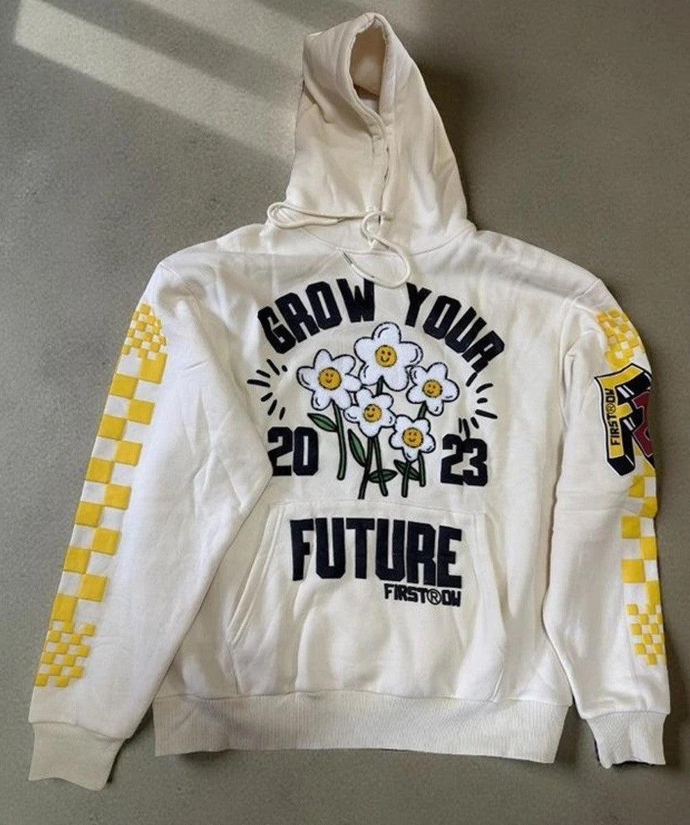 First Row Grow Your Future Hoodie Men’s Large Cream Graphic Streetwear New