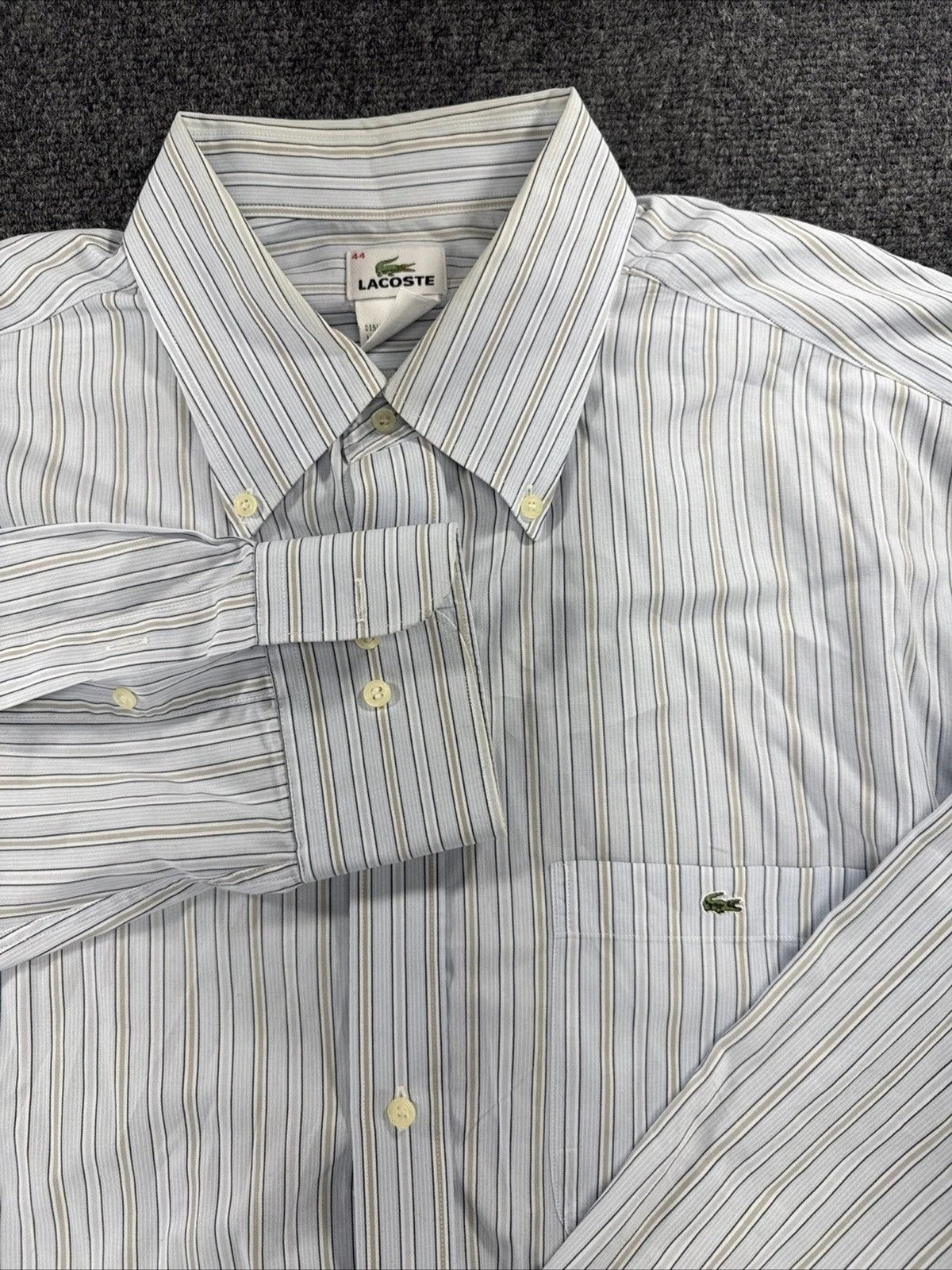 Vintage Lacoste Shirt Men’s 44 XL Light Blue Stripe Hong Kong Cotton Button Down