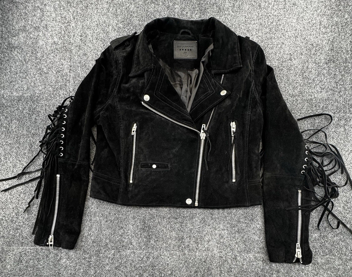 BLANKNYC Black Suede Fringe Moto Jacket Womens L Zip Biker Western