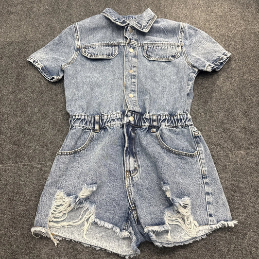Shein Denim Romper Womens Medium Blue Button Front Shorts Jumpsuit Casual Summer