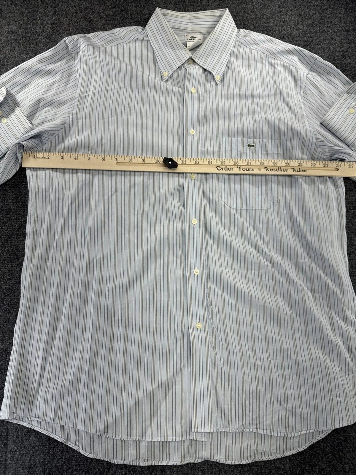 Vintage Lacoste Shirt Men’s 44 XL Light Blue Stripe Hong Kong Cotton Button Down
