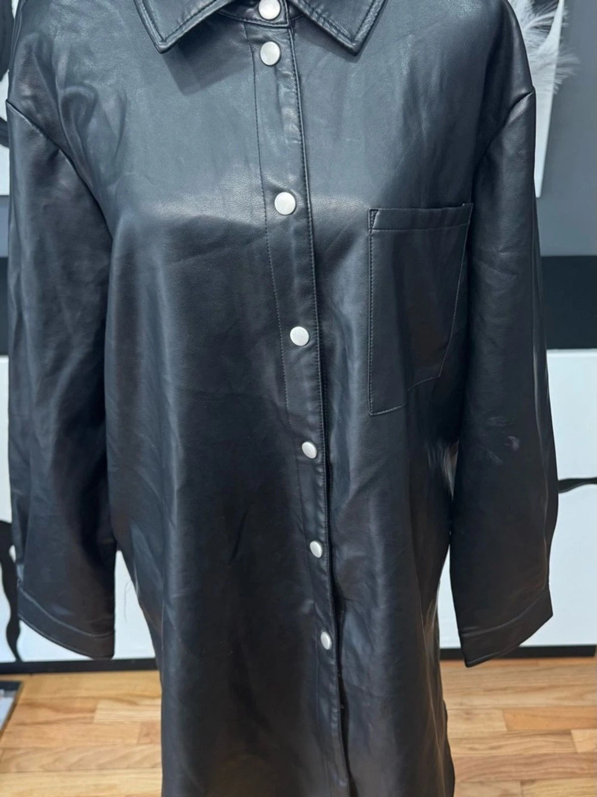 Bagatelle Black Faux Leather Coat Womens XL Snap Front Long Jacket EUC