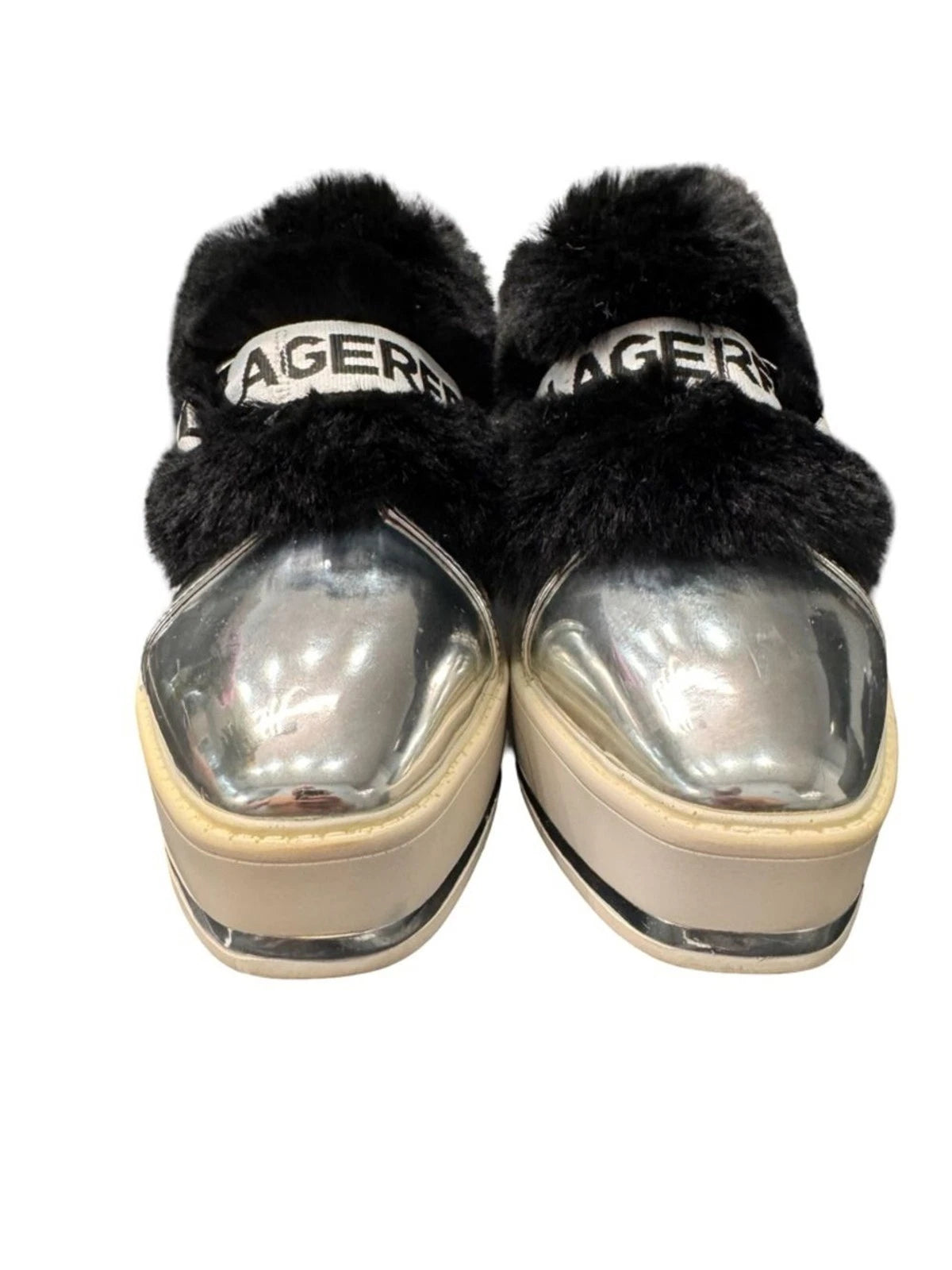 Karl Lagerfeld Paris Birdie Sneaker Mule Women's 8 Silver Fur Platform Slip On
