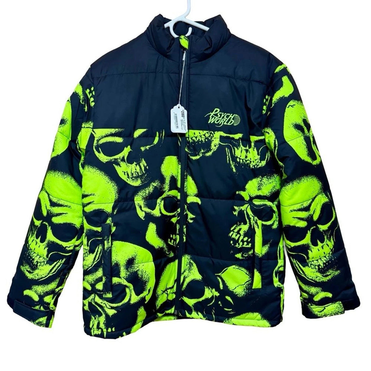 Psychworld Skull Print Puffer Jacket Men’s S Black Lime Green NWT