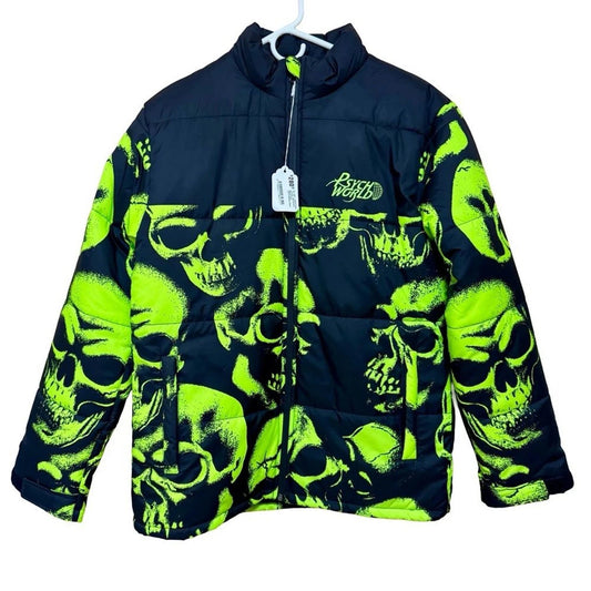 Psychworld Skull Print Puffer Jacket Men’s S Black Lime Green NWT