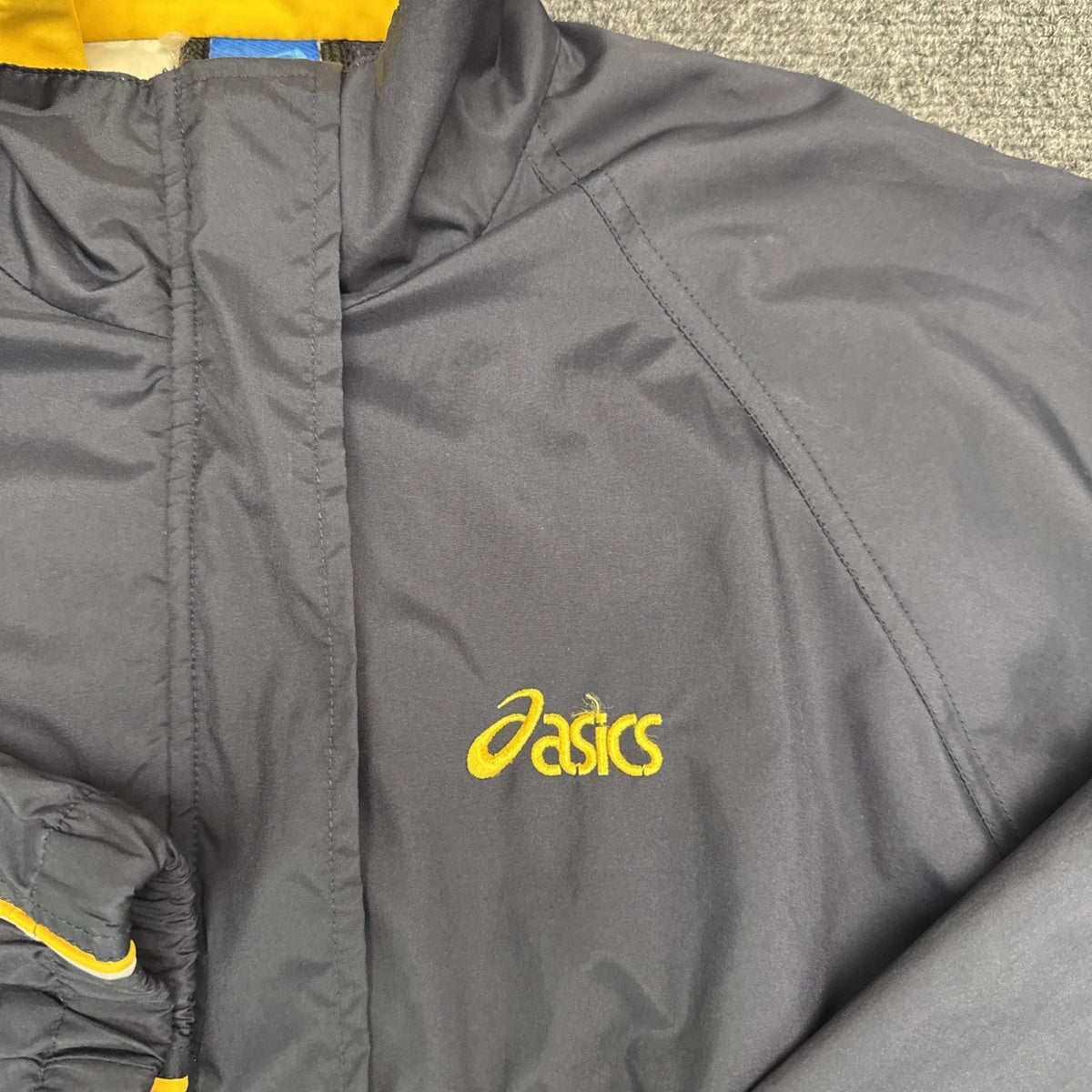 Vintage ASICS Women’s Windbreaker Navy Yellow Full Zip Lightweight Running Coat