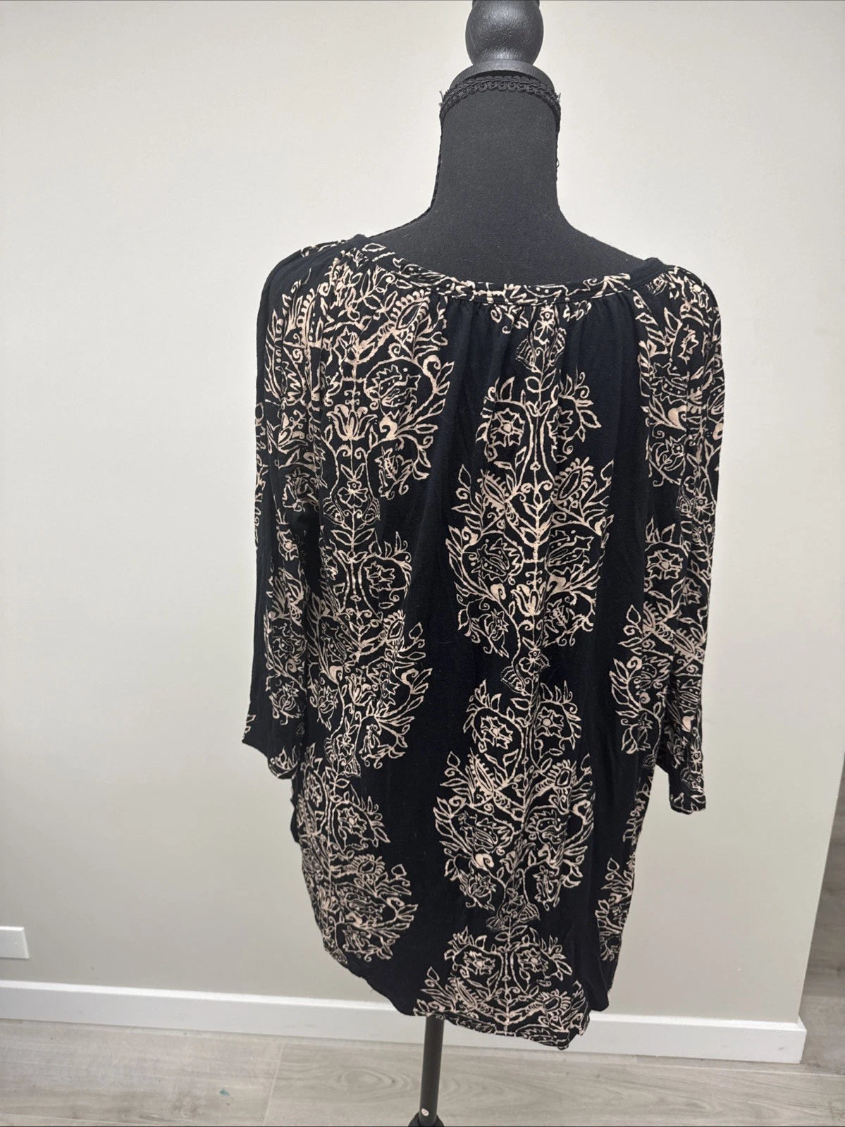 Lucky Brand Floral Peasant Top Women's 1X Black Beige Boho 3/4 Sleeve Blouse