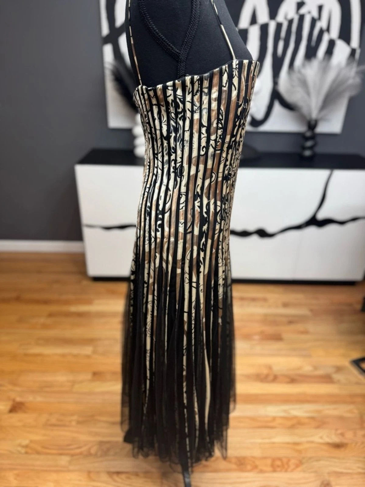 JS Collections Black Cream Strapless Pleated Overlay Dress Women's Size 10 EUC