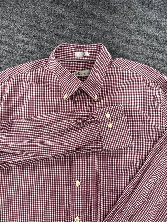 Peter Millar Crown Button Down Shirt Men’s Large Red Blue Gingham 100% Cotton