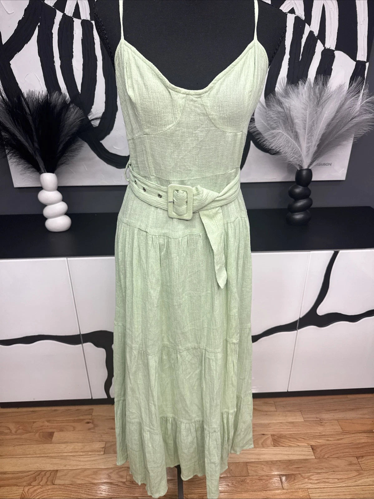 ASOS DESIGN Green Linen Blend Midi Dress Women's US 6 Belted Sundress Boho
