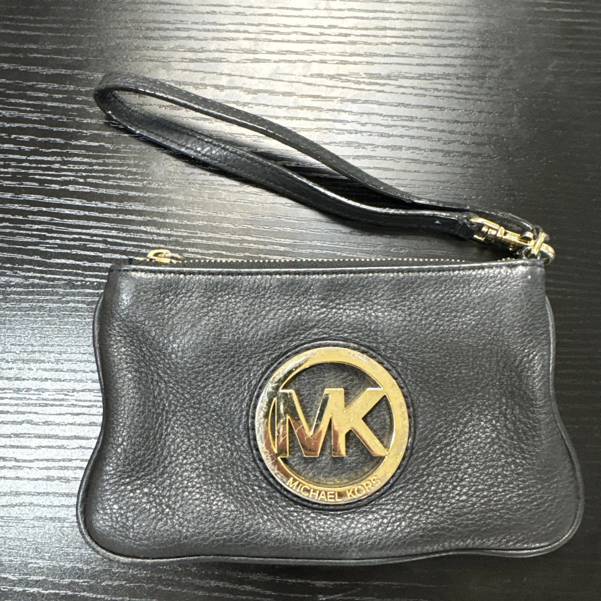Michael Kors Fulton Large Wristlet Wallet Black Pebbled Leather Gold MK Clutch