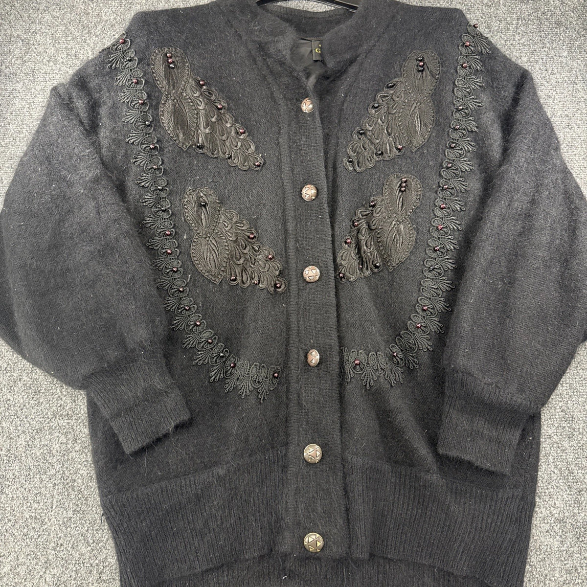 Vintage Gizel Angora Cardigan Women’s Large Black Beaded Embroidered Sweater
