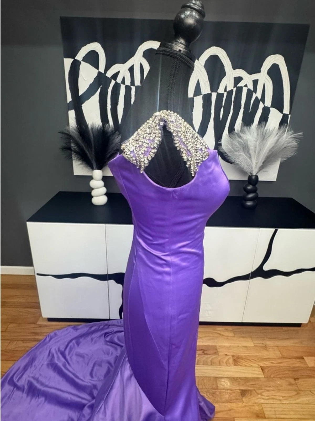 Rachel Allan Purple Satin Mermaid Gown Size 2 Pearl Strap Prom Dress Train