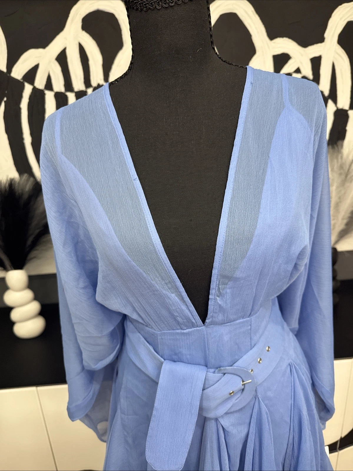 ASOS DESIGN Blue Chiffon Mini Dress Women's 4 Long Sleeve Belted NWT