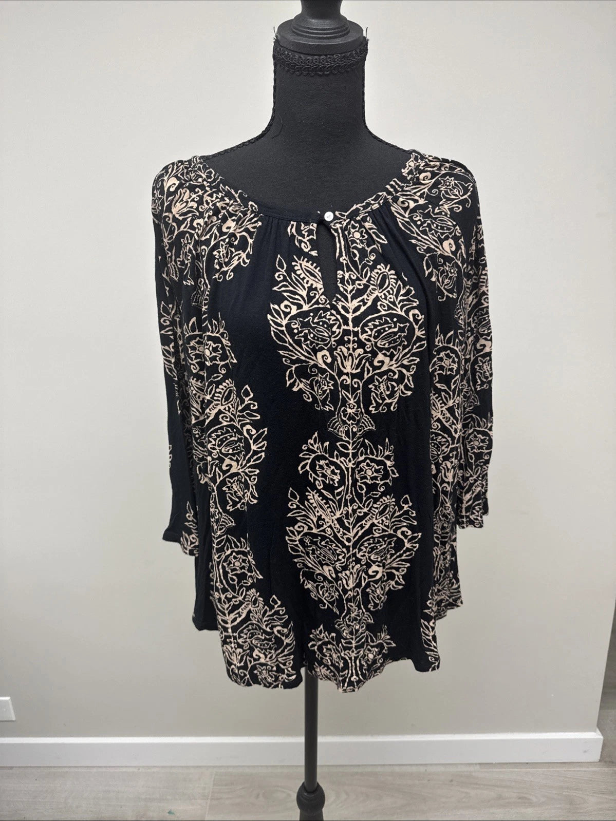 Lucky Brand Floral Peasant Top Women's 1X Black Beige Boho 3/4 Sleeve Blouse