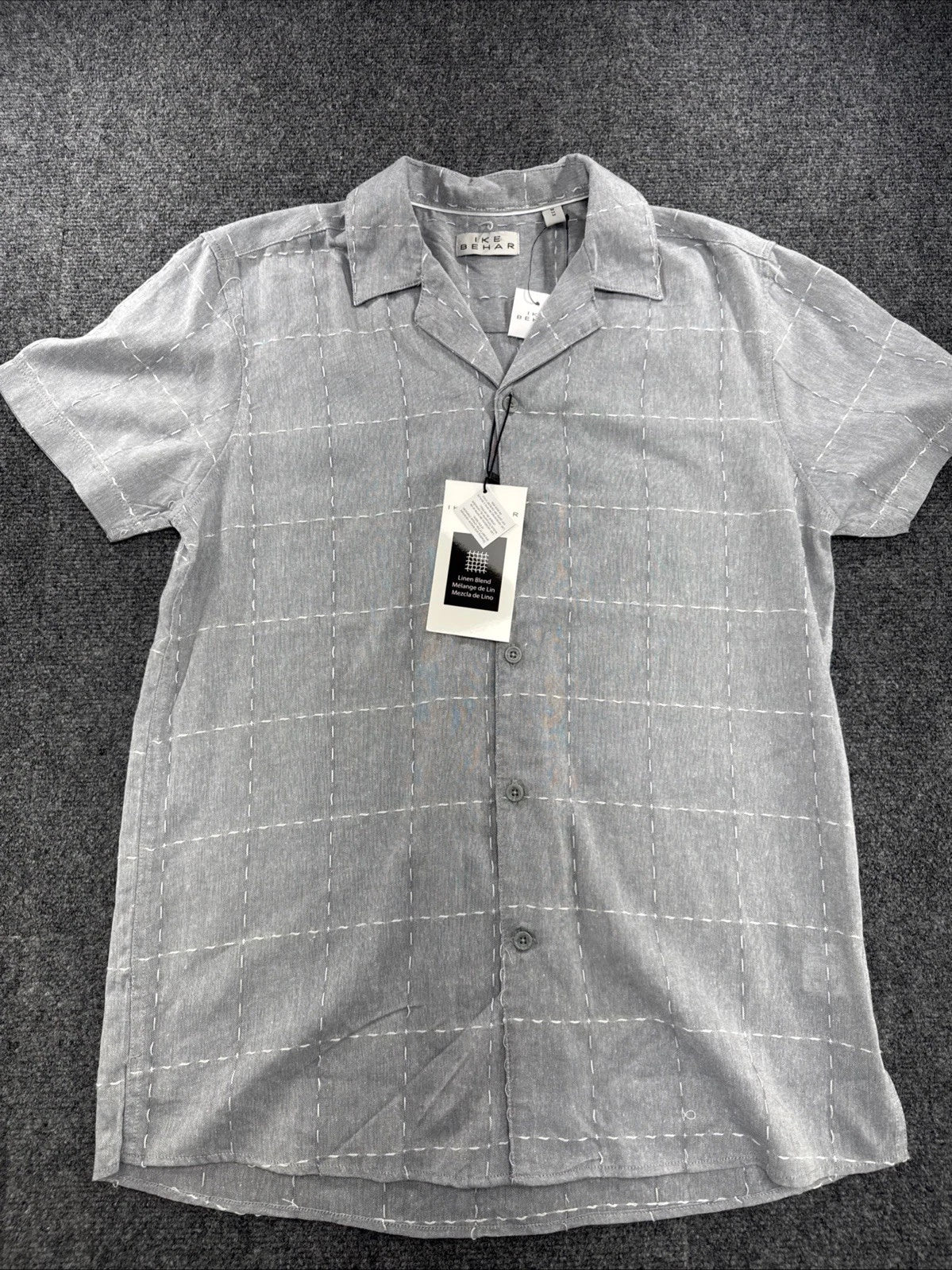 Ike Behar Linen Blend Camp Shirt Mens M Gray White Windowpane NWT
