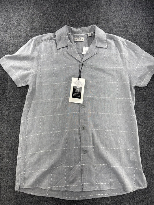 Ike Behar Linen Blend Camp Shirt Mens M Gray White Windowpane NWT