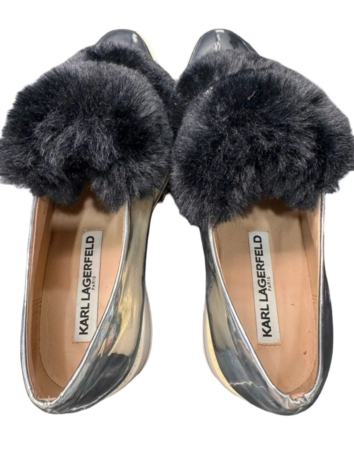 Karl Lagerfeld Paris Birdie Sneaker Mule Women's 8 Silver Fur Platform Slip On