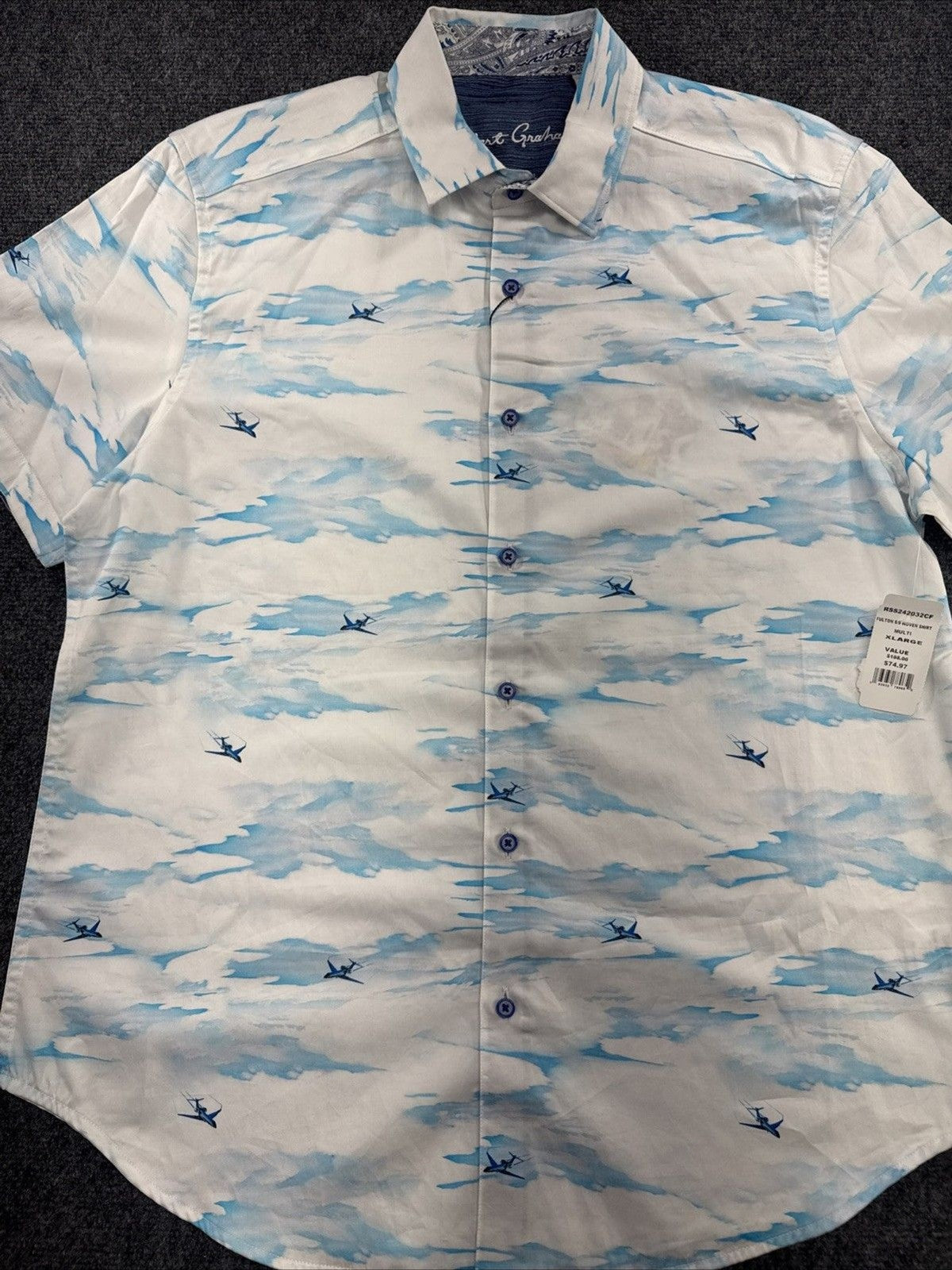 Robert Graham Fulton Shirt Men XL Airplane Cloud Print Short Sleeve NWT $198