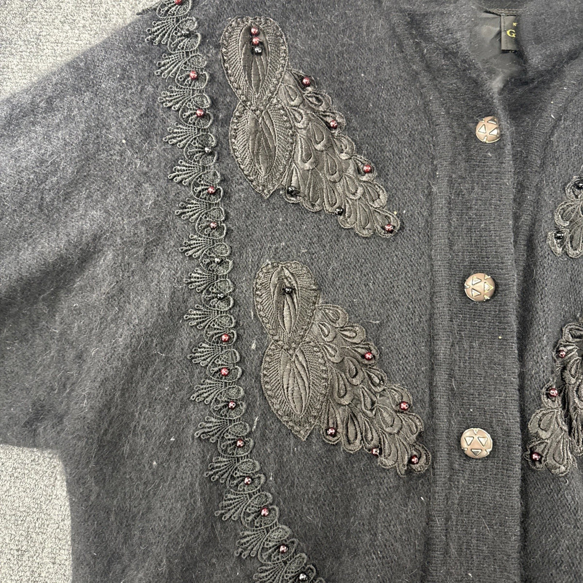 Vintage Gizel Angora Cardigan Women’s Large Black Beaded Embroidered Sweater