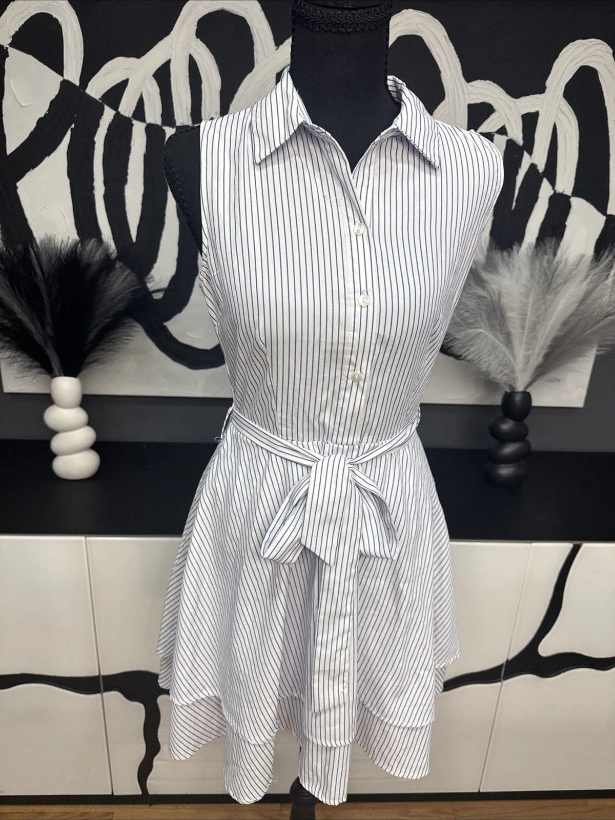 Love Notes Blue White Striped Shirt Dress Women's Large Sleeveless Belted Mini