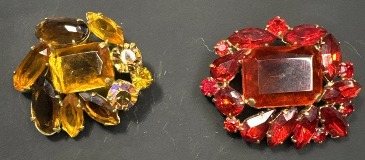 Lot 2 Vintage Czech Glass Brooches Red Amber Yellow Brown Rhinestone Pins