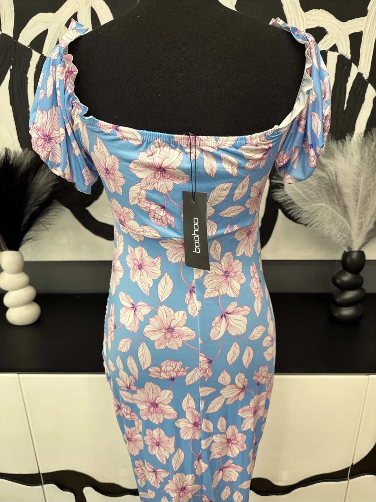 Boohoo Maternity Blue Pink Floral Off Shoulder Ruched Midi Dress Size 8 NWT