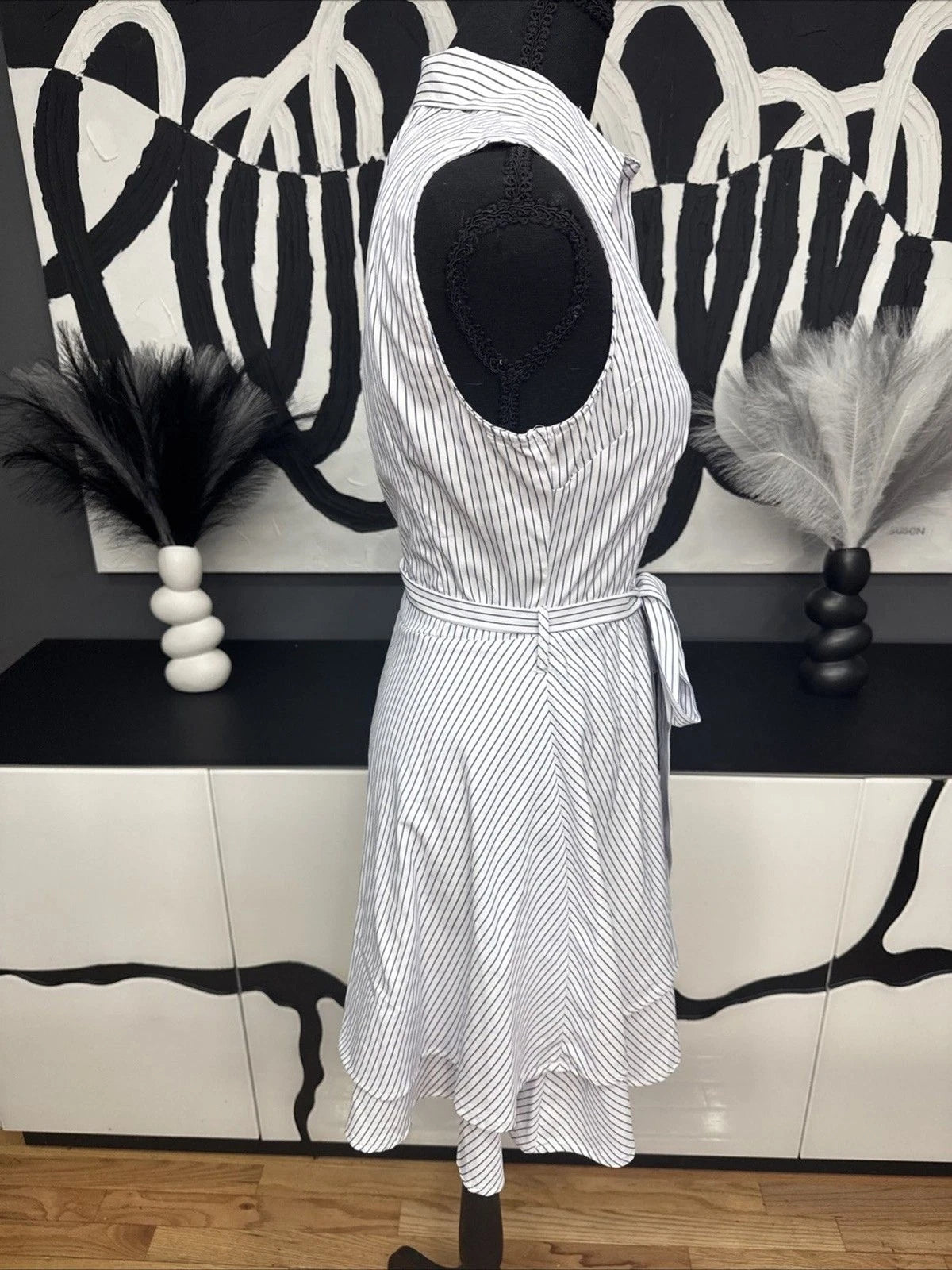 Love Notes Blue White Striped Shirt Dress Women's Large Sleeveless Belted Mini