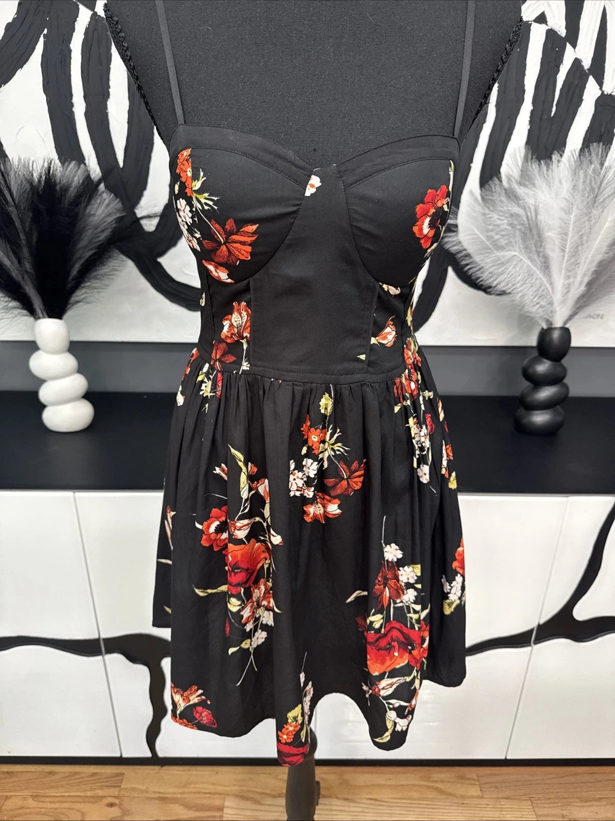Band of Gypsies Floral Bustier Fit & Flare Dress Black Women's Small