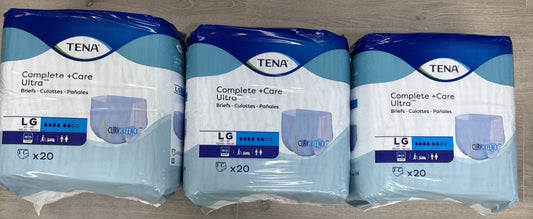 Lot of Three Packs Tena Complete + Care Care Ultra Size Large 20 Count 60 Total