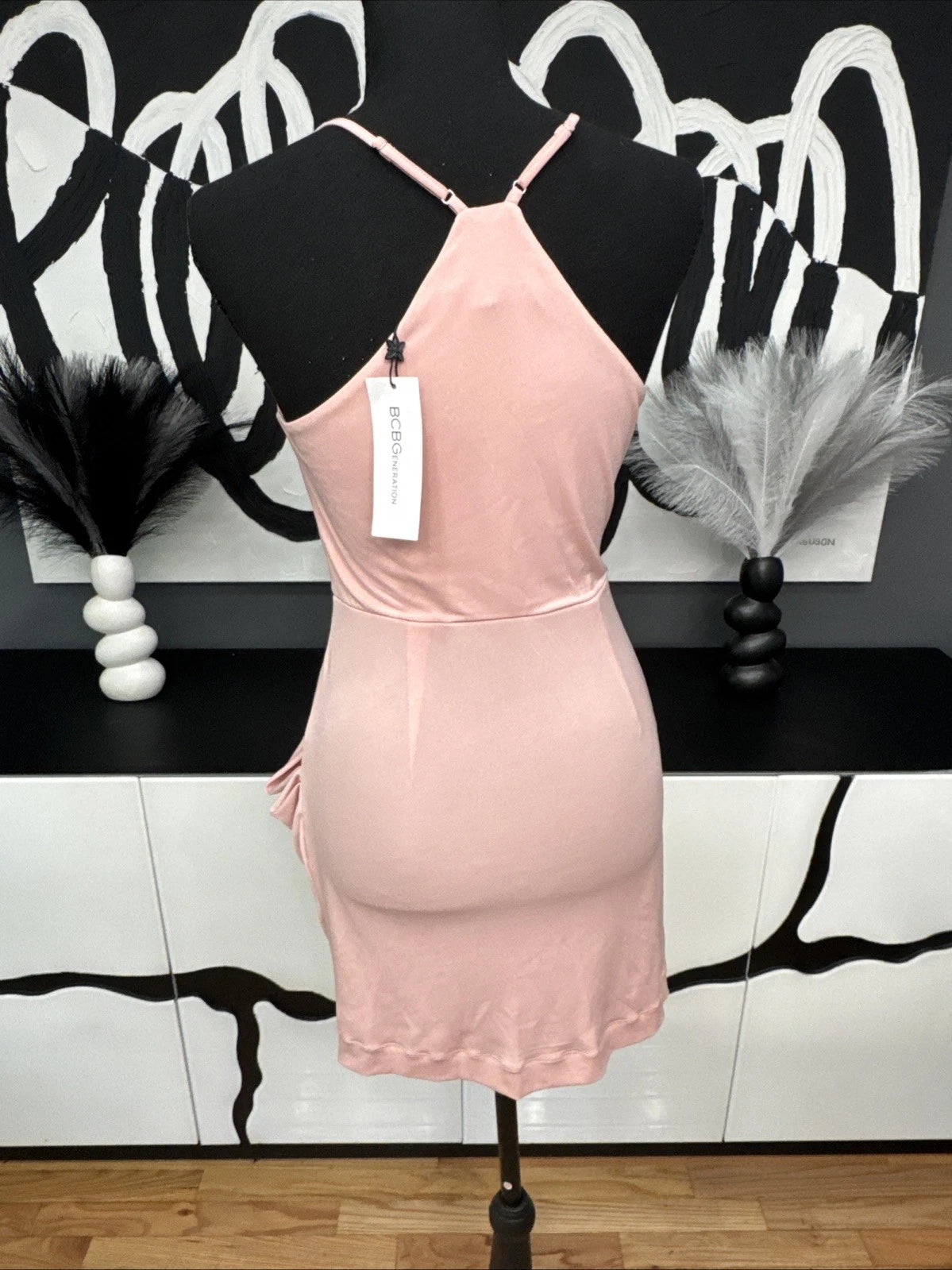 BCBGeneration Pink Rose Draped Mini Dress XS NWT Spaghetti Strap Cocktail