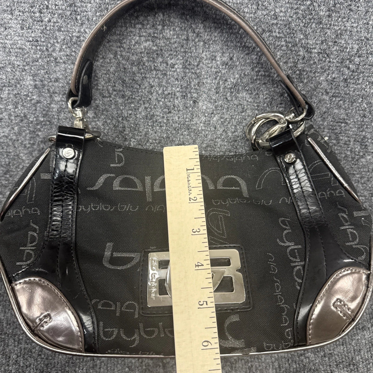 Byblos Y2K Monogram Shoulder Bag Black Jacquard Patent Leather Logo Purse