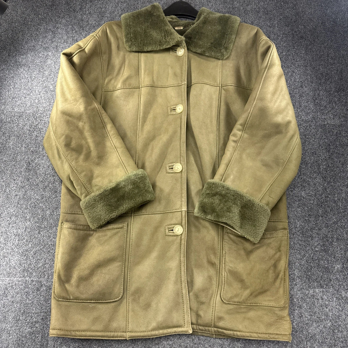 Vintage Sawyer of Napa Sheepskin Shearling Coat Olive Green Made in Canada