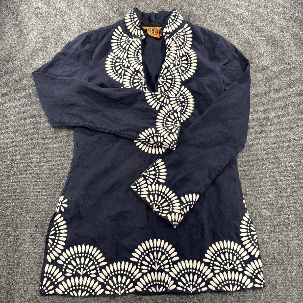 Tory Burch Odelia Linen Tunic Dress Women’s 2 Navy Embroidered Resort Boho