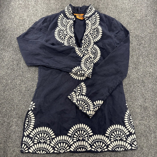 Tory Burch Odelia Linen Tunic Dress Women’s 2 Navy Embroidered Resort Boho