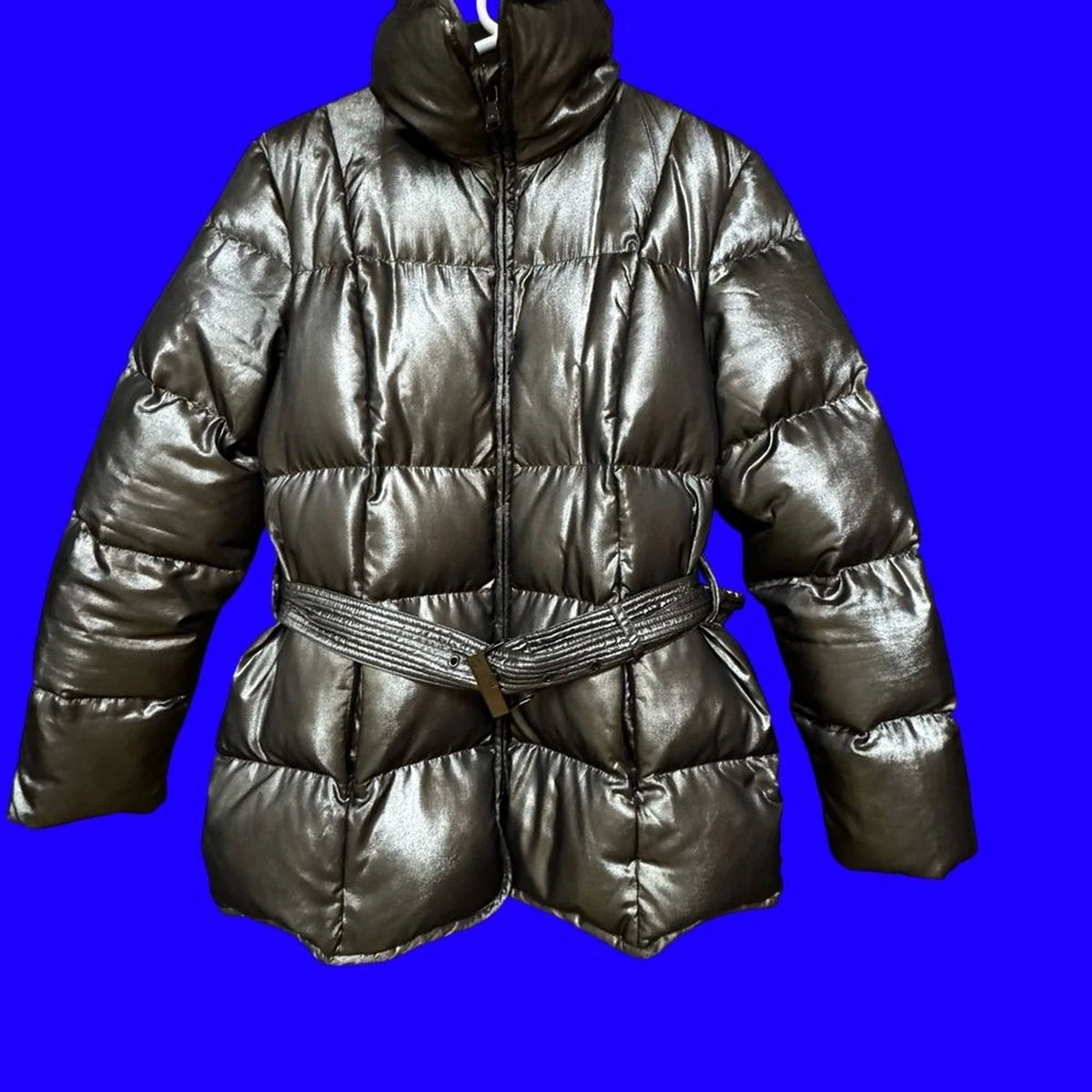 Lauren Ralph Lauren Womens M Gray Silver Belted Down Puffer Jacket Shiny