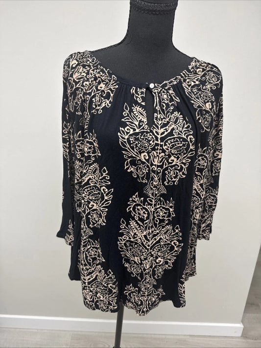 Lucky Brand Floral Peasant Top Women's 1X Black Beige Boho 3/4 Sleeve Blouse