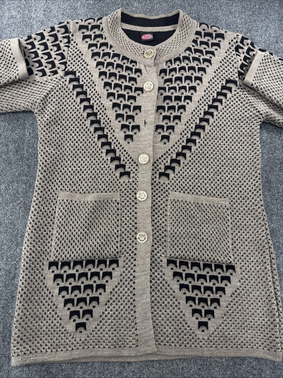 Vintage 90s Biruni Knit Cardigan Women’s M/L Geometric Pockets Turkey