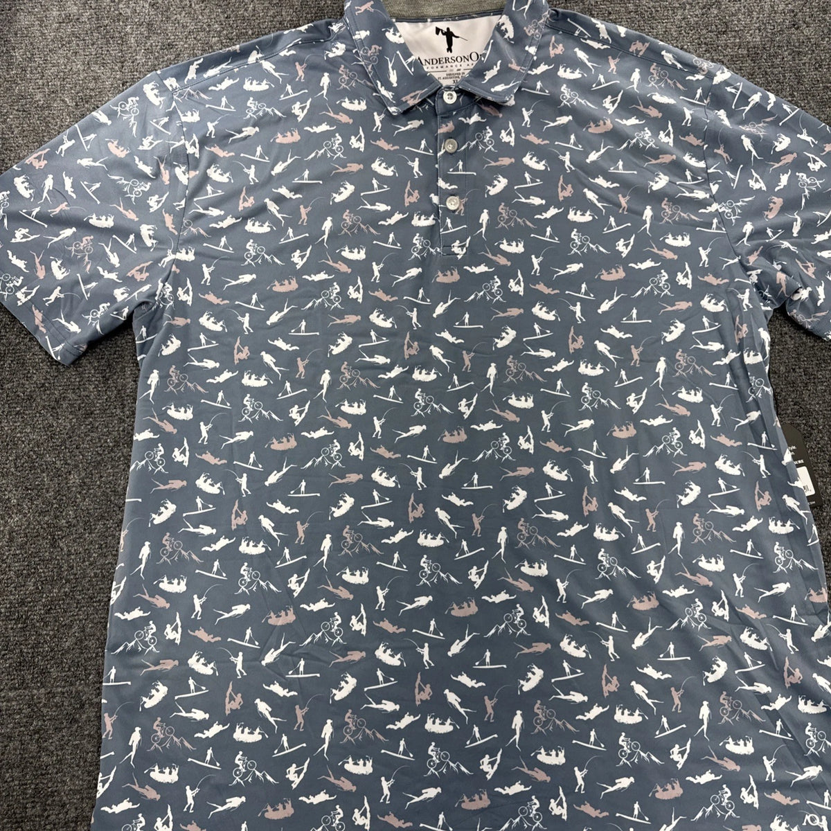 AndersonOrd Eli Polo Mens XL Golf Outdoor Fishing Ski Cycling Bluefin Print NWT