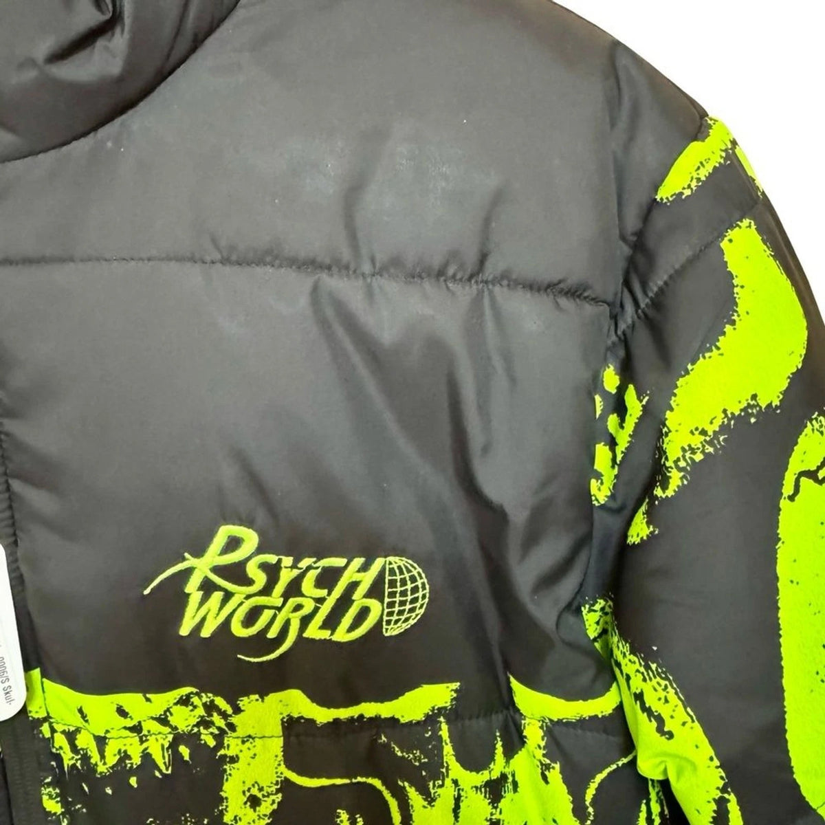 Psychworld Skull Print Puffer Jacket Men’s S Black Lime Green NWT