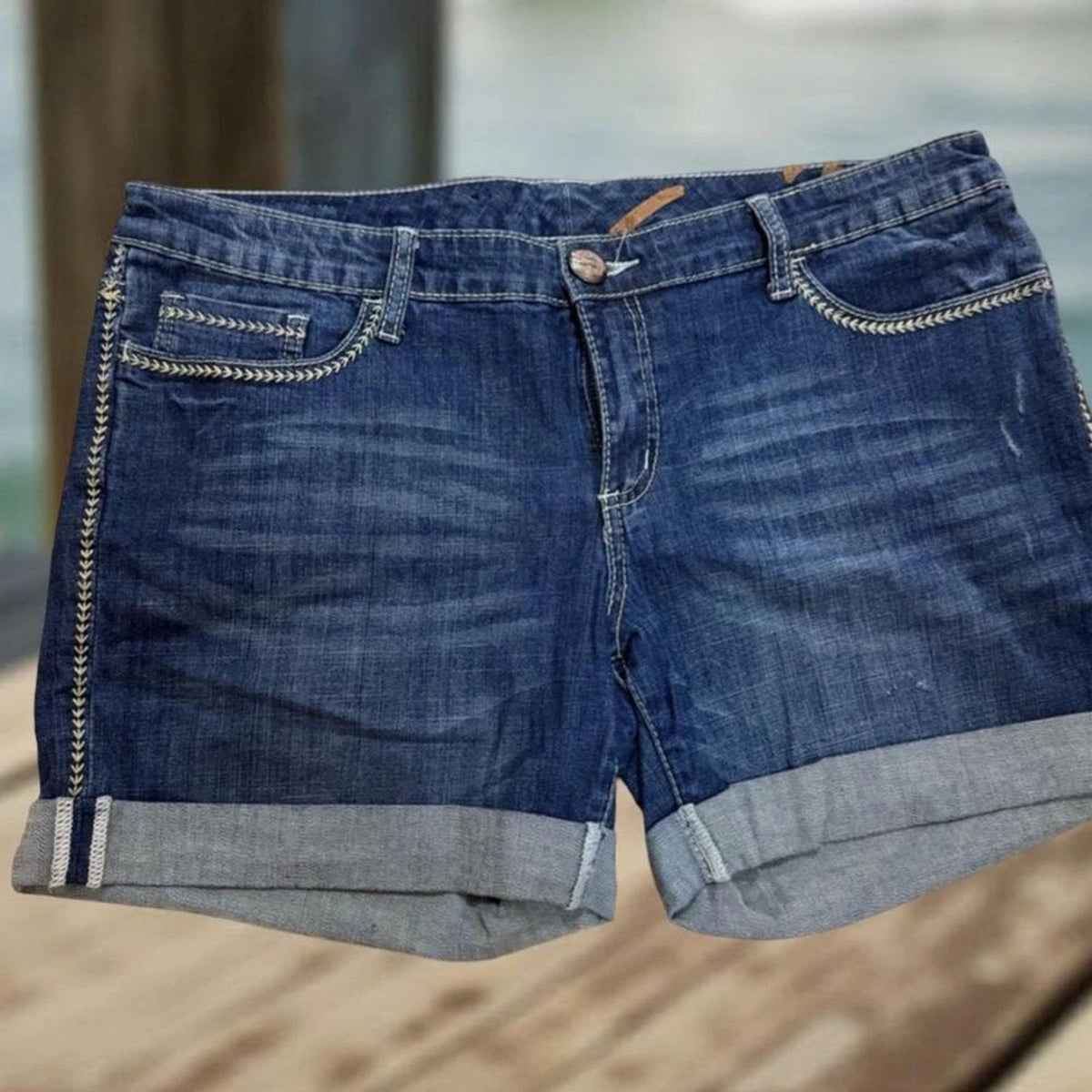 Seven7 Blue Distressed Denim Shorts Cuffed Hem Women's Large Stretch Jeans