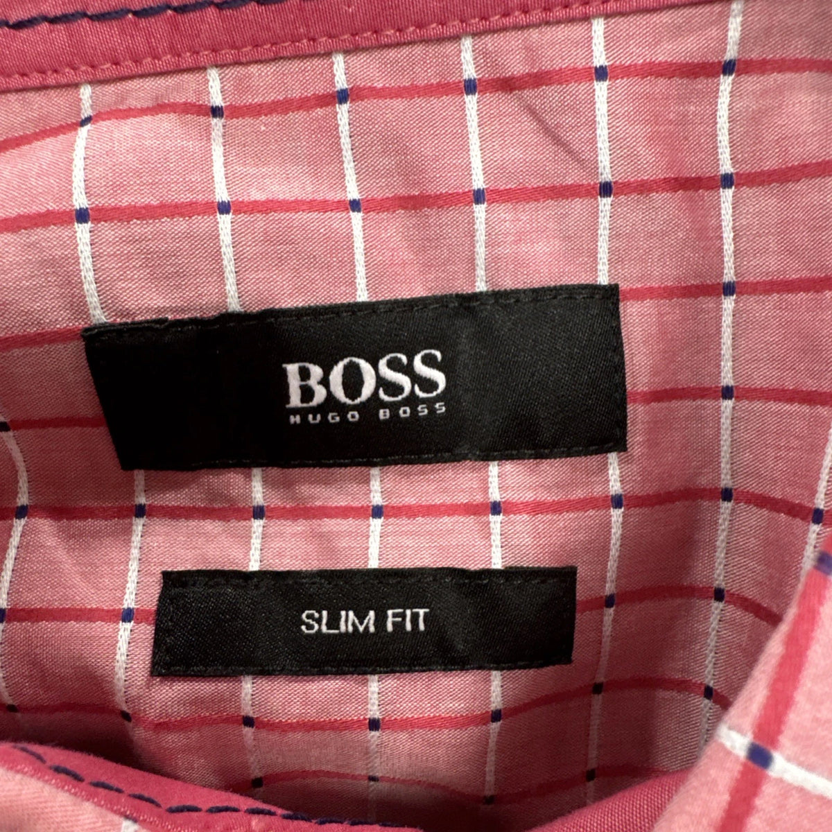 Hugo Boss Slim Fit Dress Shirt Medium Pink Check Button Front Long Sleeve