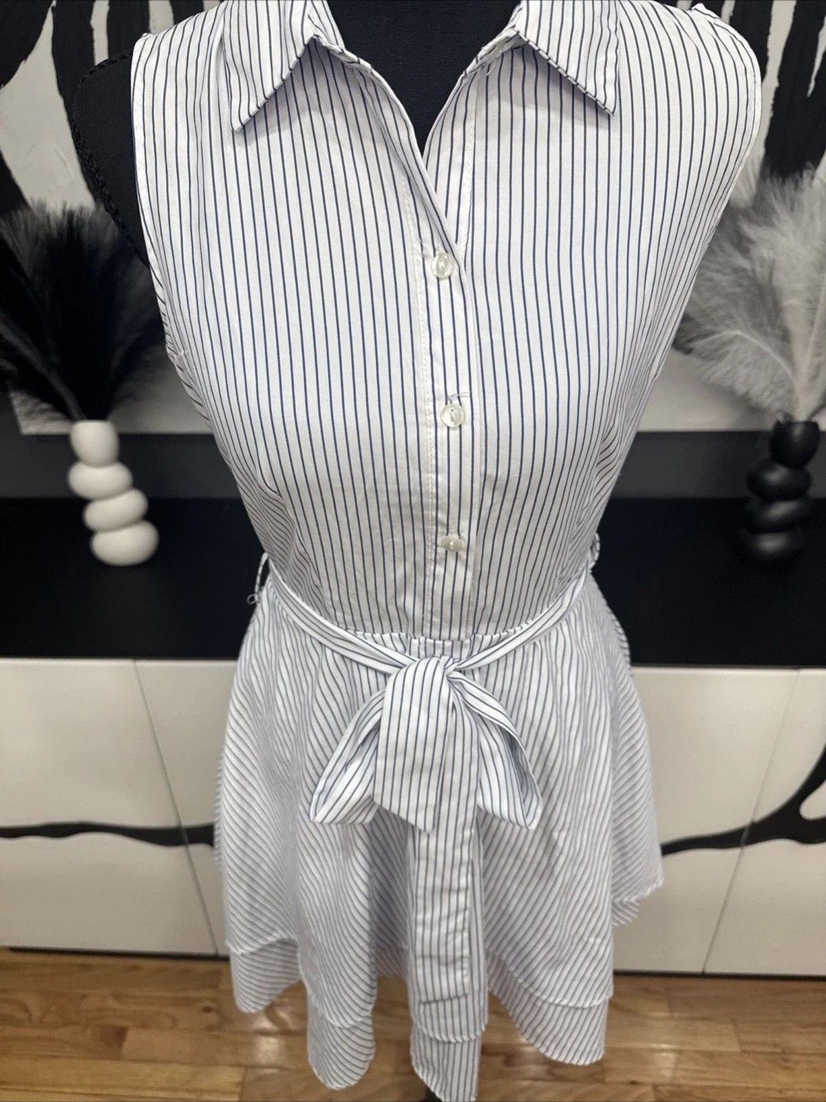 Love Notes Blue White Striped Shirt Dress Women's Large Sleeveless Belted Mini