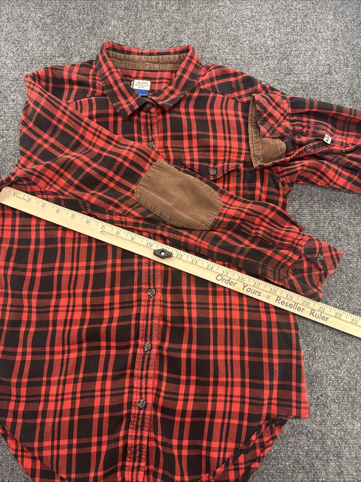 KAVU Women's M Red Black Plaid Flannel Shirt Corduroy Elbow Patches Outdoor
