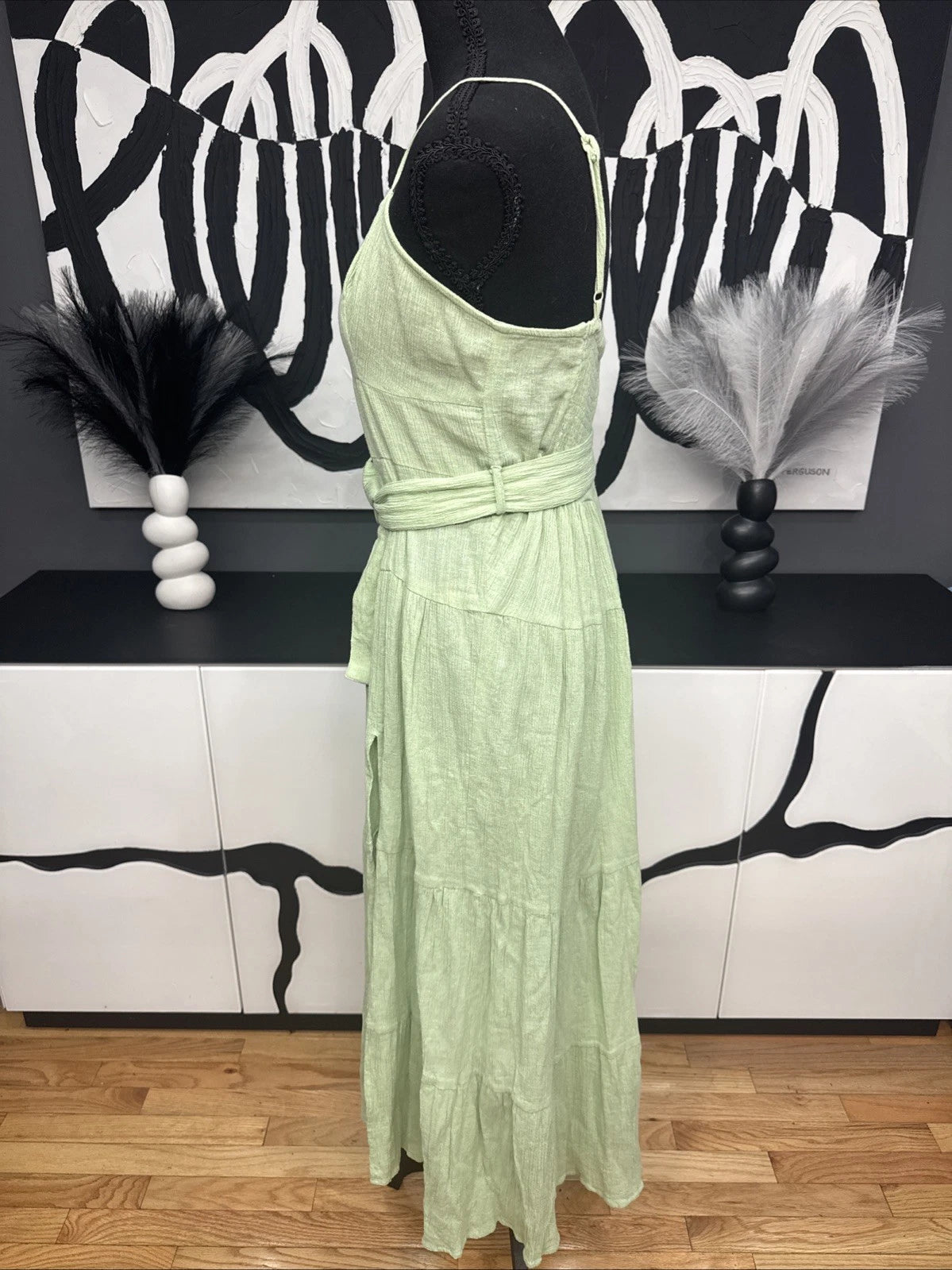 ASOS DESIGN Green Linen Blend Midi Dress Women's US 6 Belted Sundress Boho